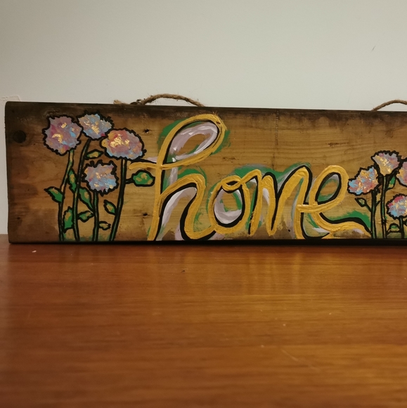Handcrafted Home Wood Sign Painting flowers Gold - Picture 2 of 8